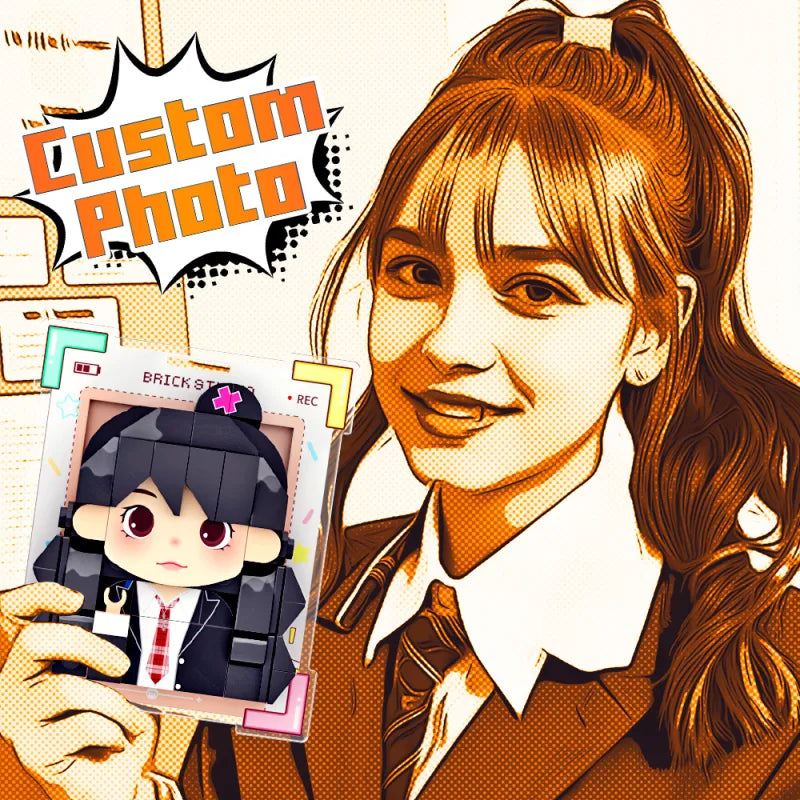 Pair of personalised brick figure photo stickers showing size comparison and standing stature — novelty personalised gifts