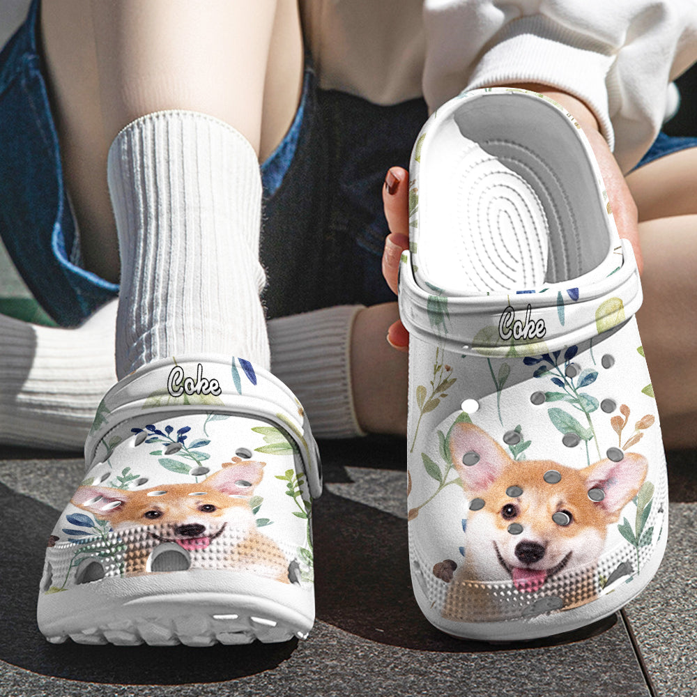 Close-up of personalised pet clog upper showing custom pet photo print and name — personalised slippers for pet lovers