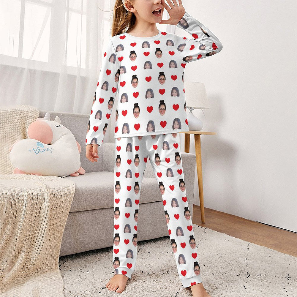 Front view of personalised two‑face long‑sleeve children's pyjama set with custom face print — perfect personalised photo gift for girls
