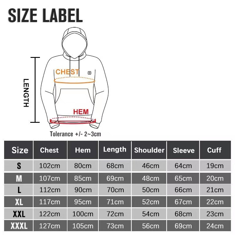 Non rechargeable heated hoodie connected to a power source via cable demonstrating easy plug in operation