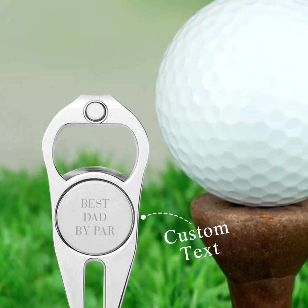 Close‑up of laser‑engraved personalised text on zinc alloy golf ball marker & bottle opener — crisp, durable engraving perfect for Father’s Day