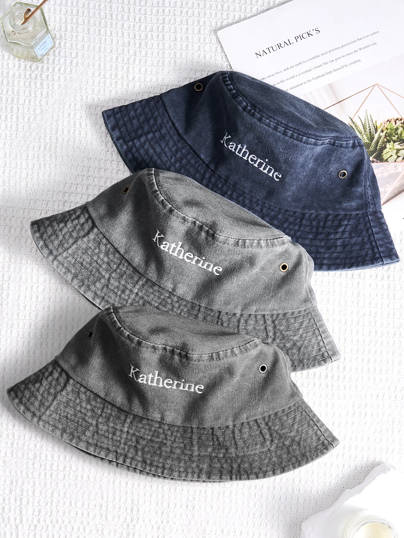 Side angle of personalised denim bucket hat showing embroidered name and durable denim texture — ideal personalised graduation or birthday gift