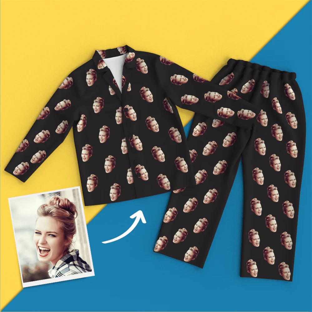 Flat lay of personalised face pyjama set showing vibrant all‑over custom print and elasticated waist — soft breathable 100% polyester, ideal custom photo pyjamas gift
