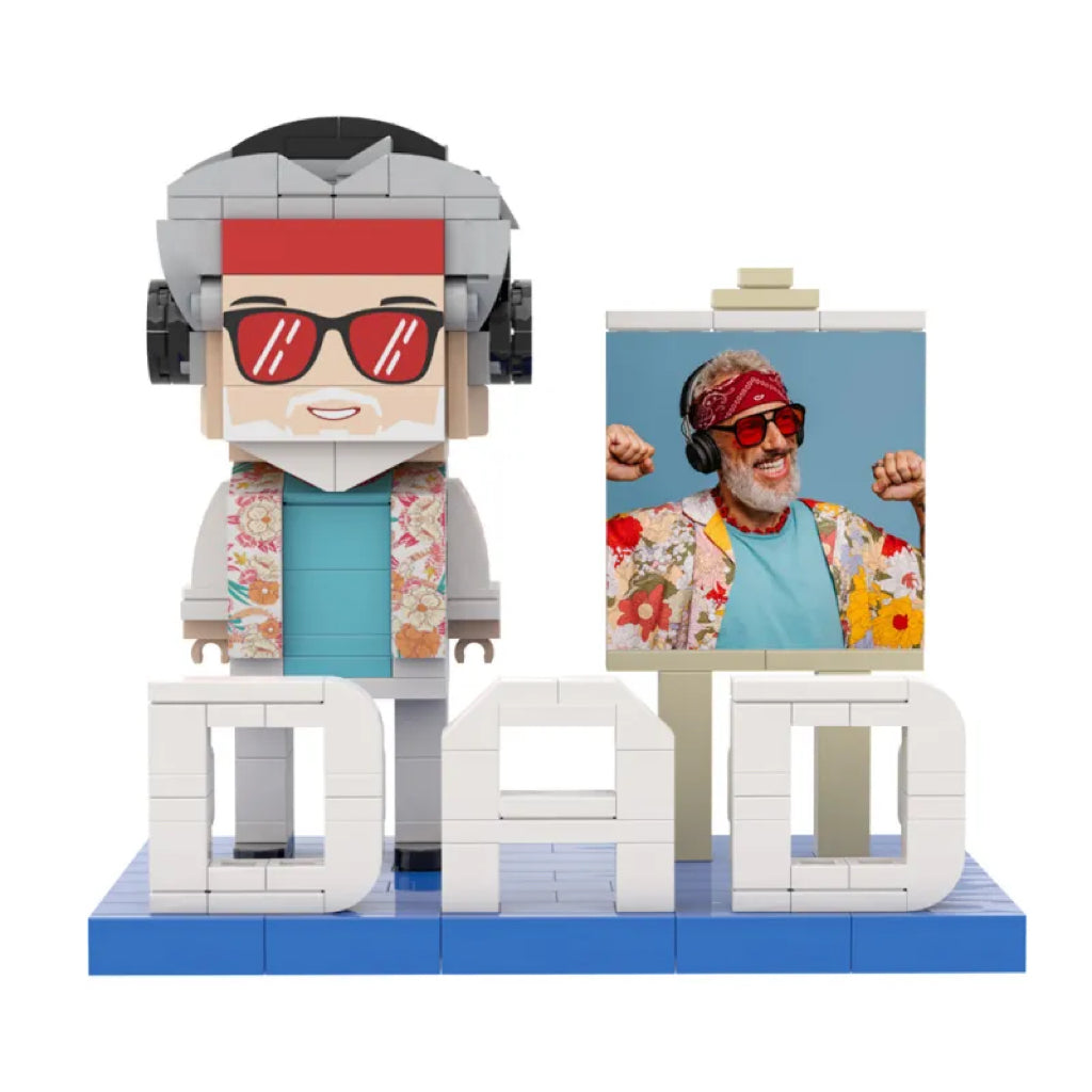 Scale comparison showing full-body figure height measured from head to toe to illustrate silhouette and size of the personalised brick keepsake for Dad