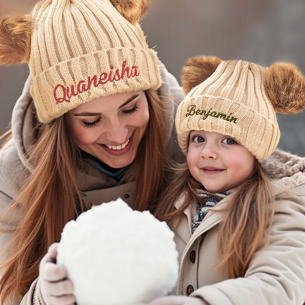 Close‑up of adult personalised beanie showing fine embroidered name on knitted brim and plush Orlon texture — quality parent‑child hat