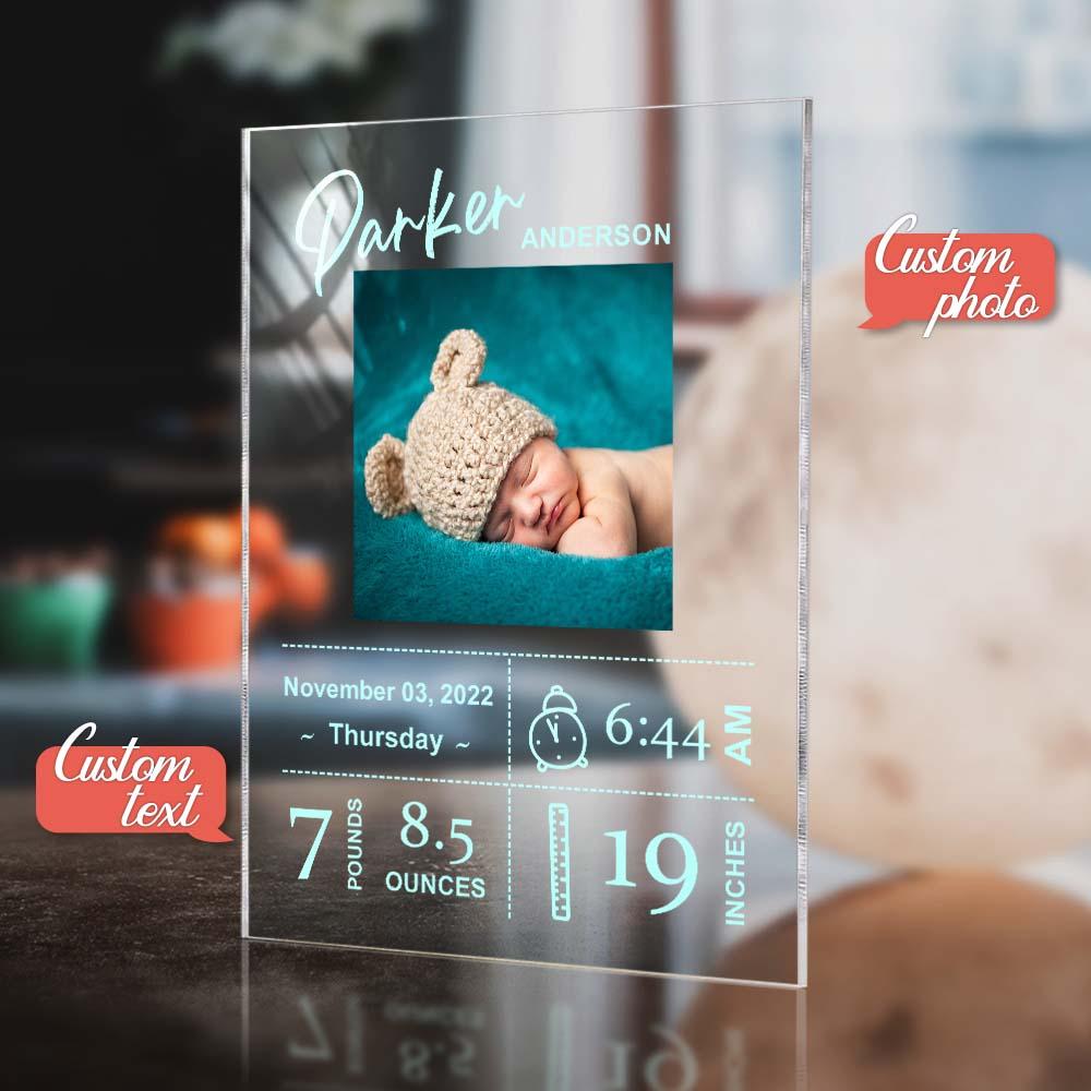 Close-up of reverse-printed photo on personalised baby plaque showing crystal-clear depth and high-resolution custom image