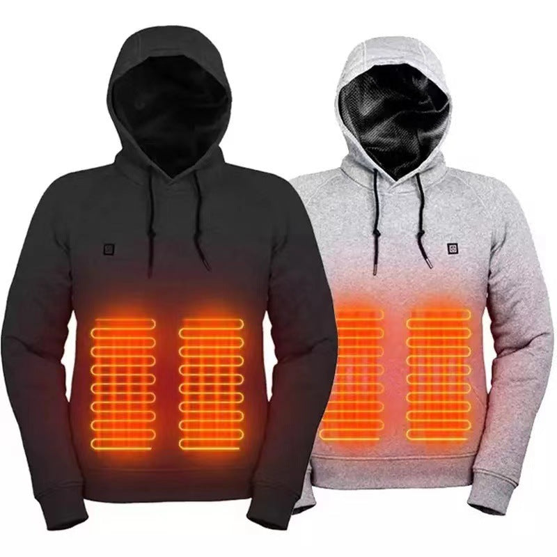 Back view of electric heated sweatshirt highlighting cut and cosy polyester fabric for outdoor wear