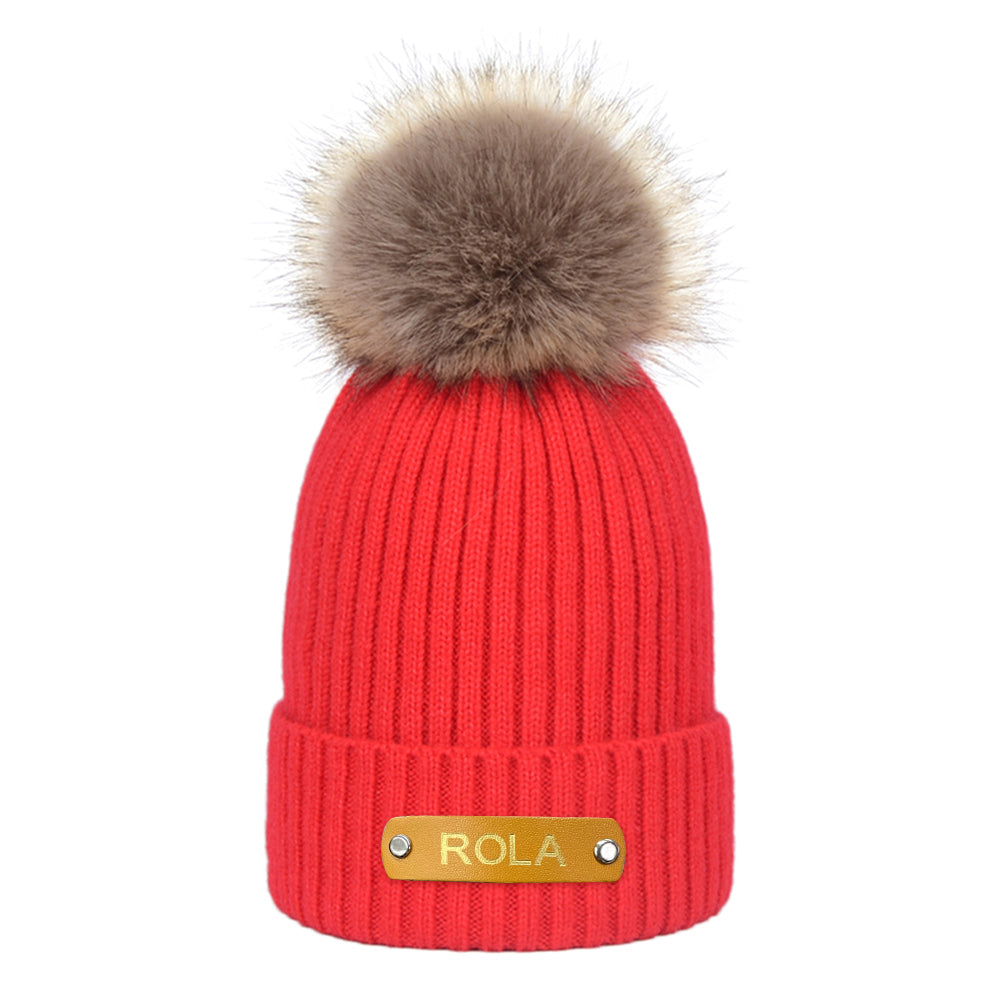 Personalised Name Beanie with Leather Patch — Newborn & Kids Winter Hat
