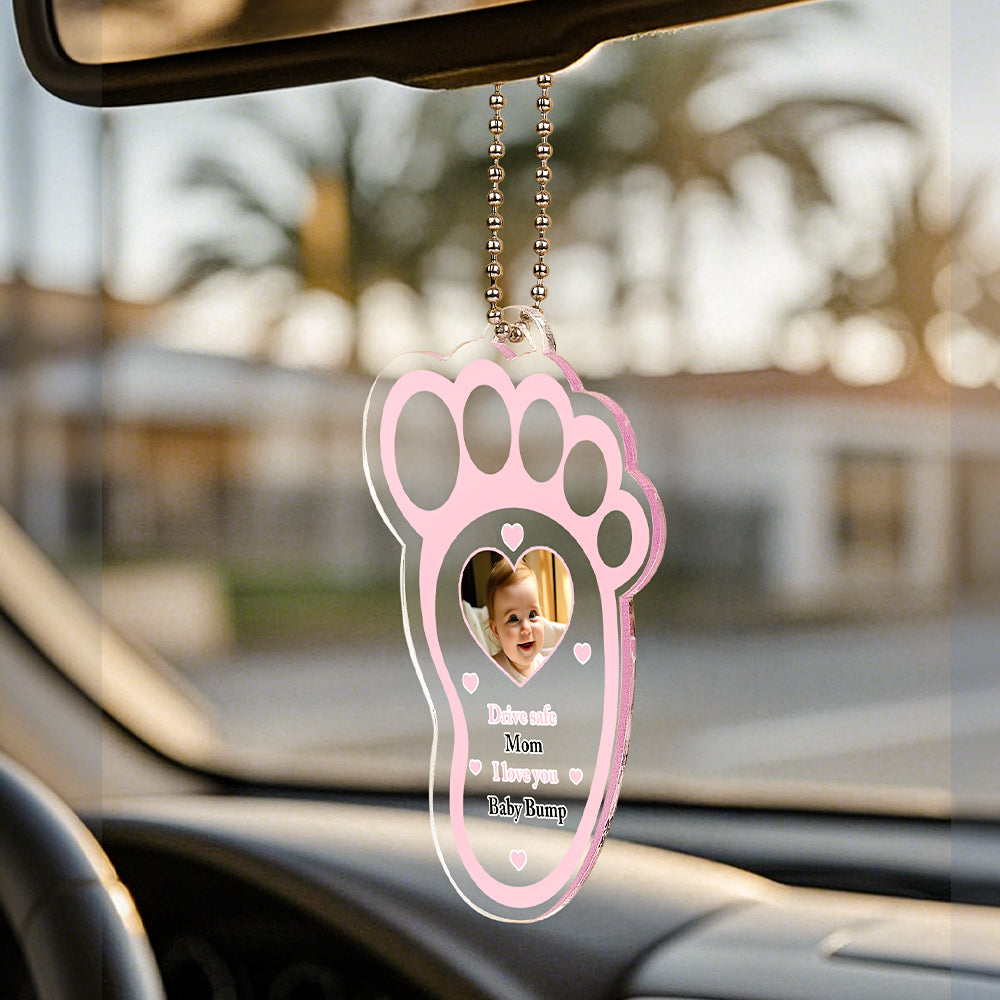 Front view of the personalised drive safe car mirror hanger, compact enough to sit on most rear-view mirrors.