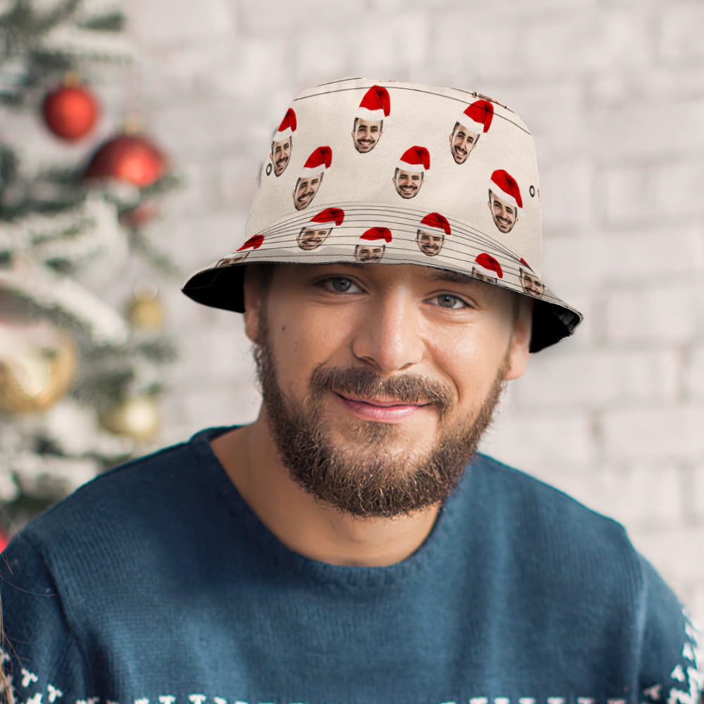 Close‑up of heat‑transfer print on custom bucket hat showing vivid colours and durable finish — personalised face design detail