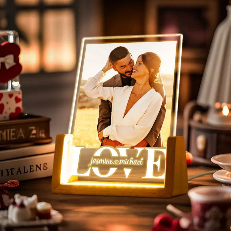 Personalised anniversary lamp on a bedside table illuminating a custom couple photo with optional engraved text — romantic personalised gift for him or her