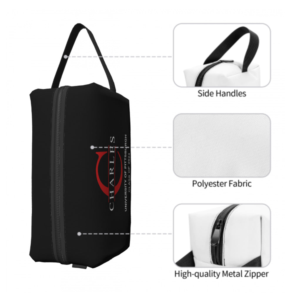 Student using a personalised toiletry bag as a dorm essentials pouch and personalised pencil case — durable everyday organiser