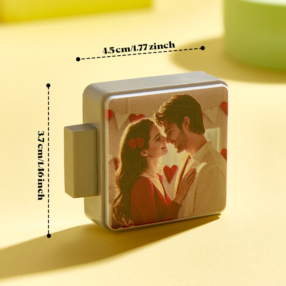 Close-up showing high-resolution printed photo detail on an illuminated personalised magnet — premium custom fridge magnet print quality