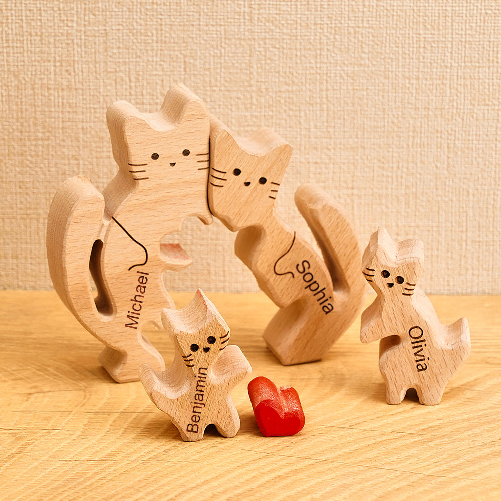 Whiskered Wonder wooden cat puzzle displayed standing on a shelf as tasteful natural wood home décor