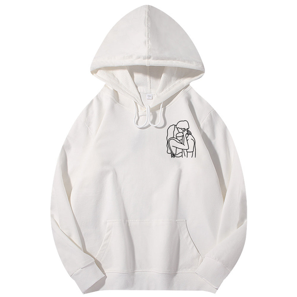 Front view of personalised embroidered hoodie with custom photo and text on mid-weight 250g cotton-spandex and cosy brushed inner lining