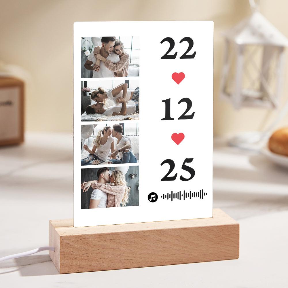 Occasion examples showing anniversary, graduation and memorial uses for scannable music photo plaque and personalised keychain