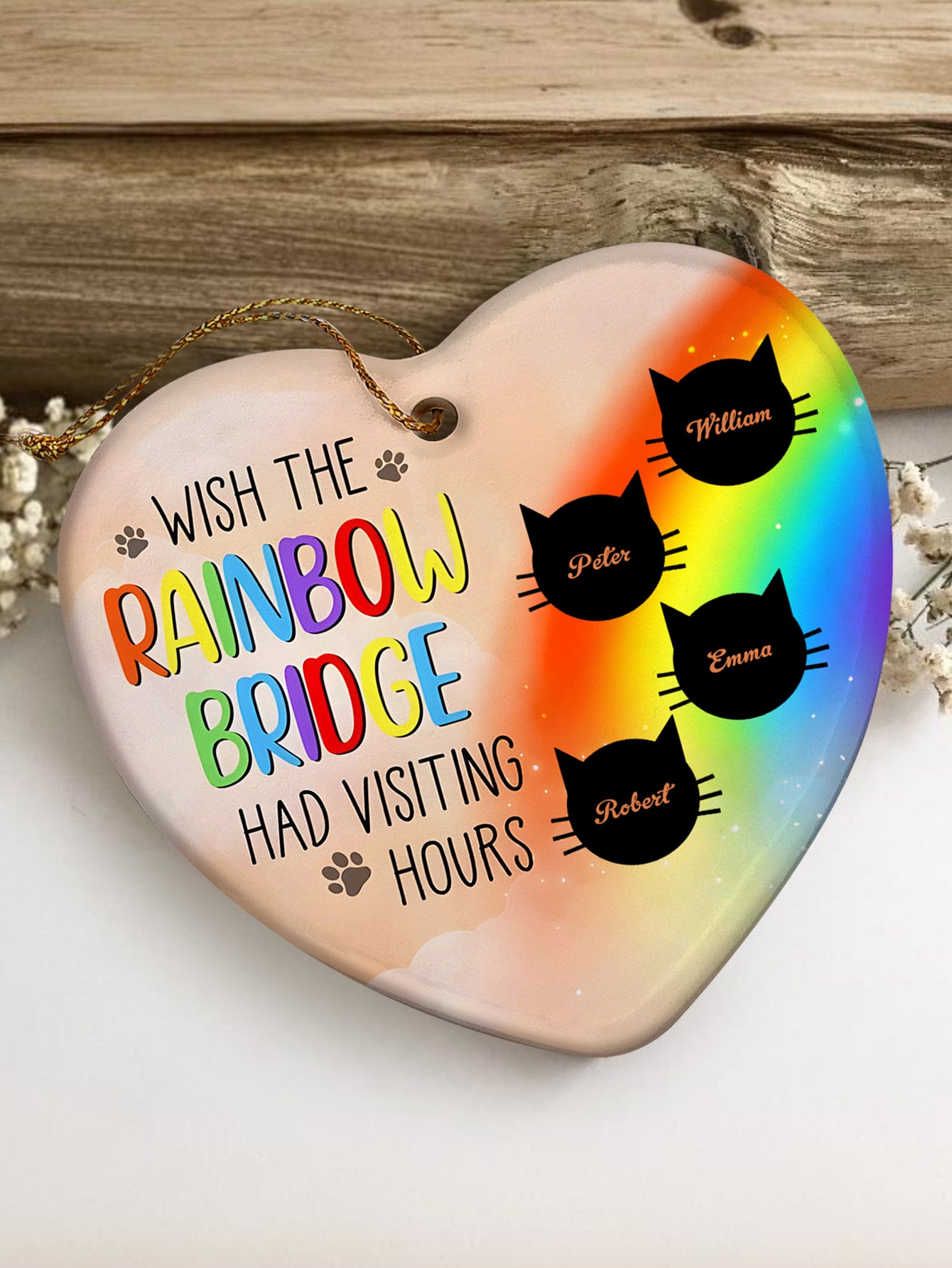 Personalised Heart Cat Memorial Ornament - Rainbow Bridge Visiting Hours Keepsake