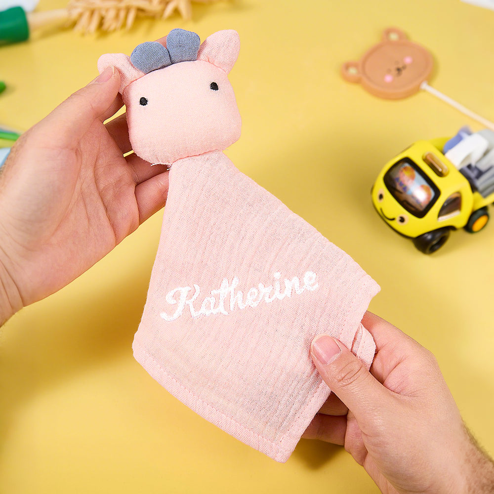 Baby holding personalised embroidered comforter, small 23 cm custom baby lovey easy for tiny hands to grip