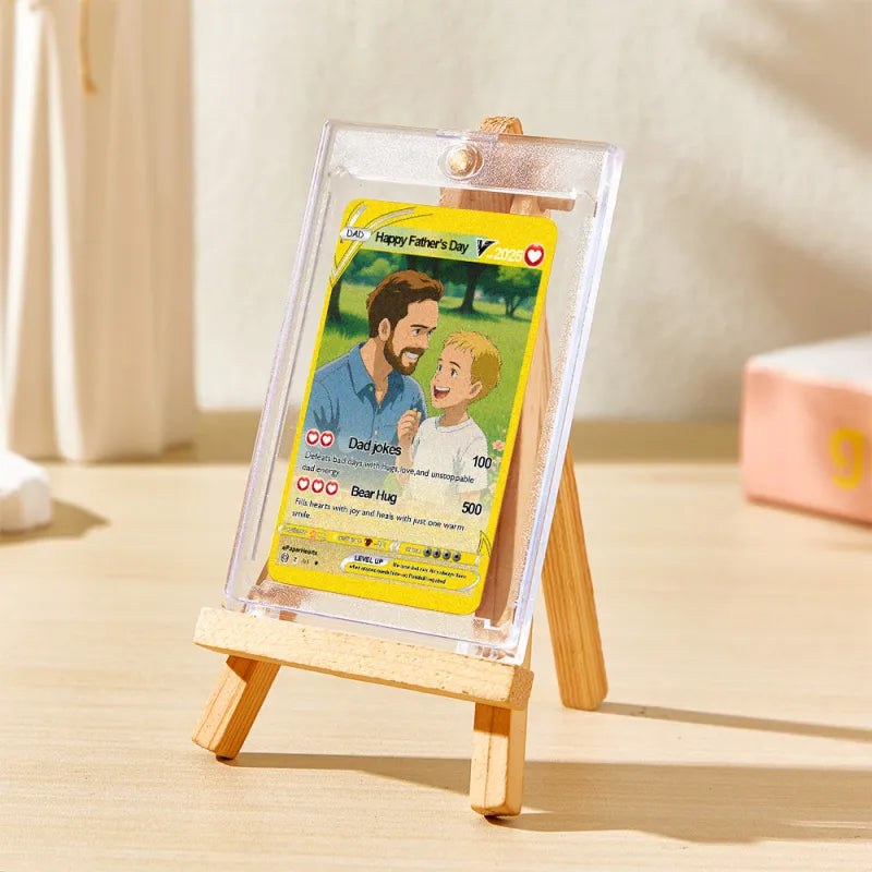 Angled view of custom anime-style stainless steel Poke Card showing high-quality print and durable finish — personalised Father's Day gift for him