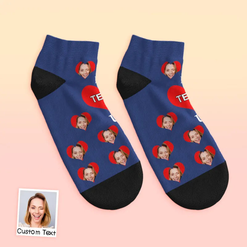 Top-down view of Custom Face Low-Cut Ankle Socks showing repeat print and 'I Love U Mum' slogan, ideal gift idea