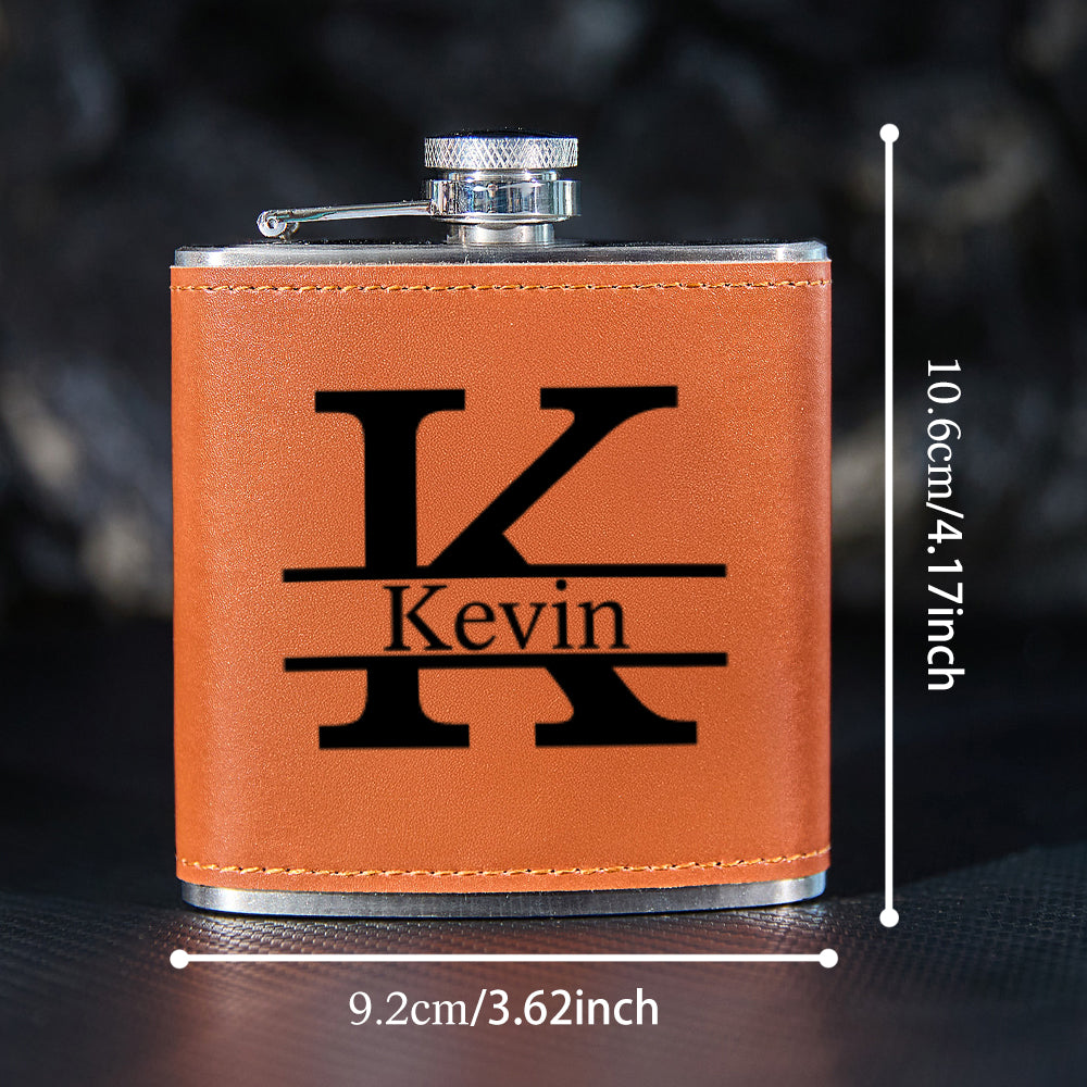 Personalised engraved 6oz stainless steel whisky flask presented gift-ready with elegant PU leather wrap — anniversary, retirement or promotion gift for men