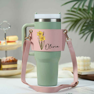 Personalized Birth Flower Water Bottle Carrier Bag for 40oz Stanley Tumbler with Adjustable Strap Gift for Her