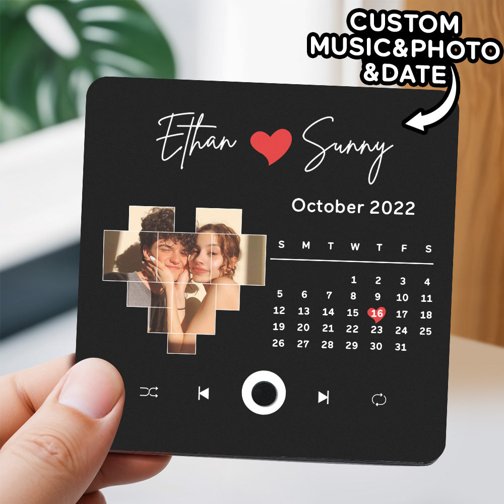 Close-up of customised engraved text and photo on acrylic music fridge magnet with built‑in speaker and sleek finish