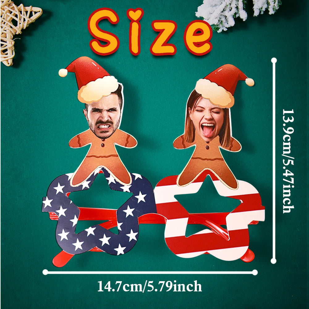 Friends wearing personalised photo Christmas glasses taking festive selfies – custom party photo props for office and family parties