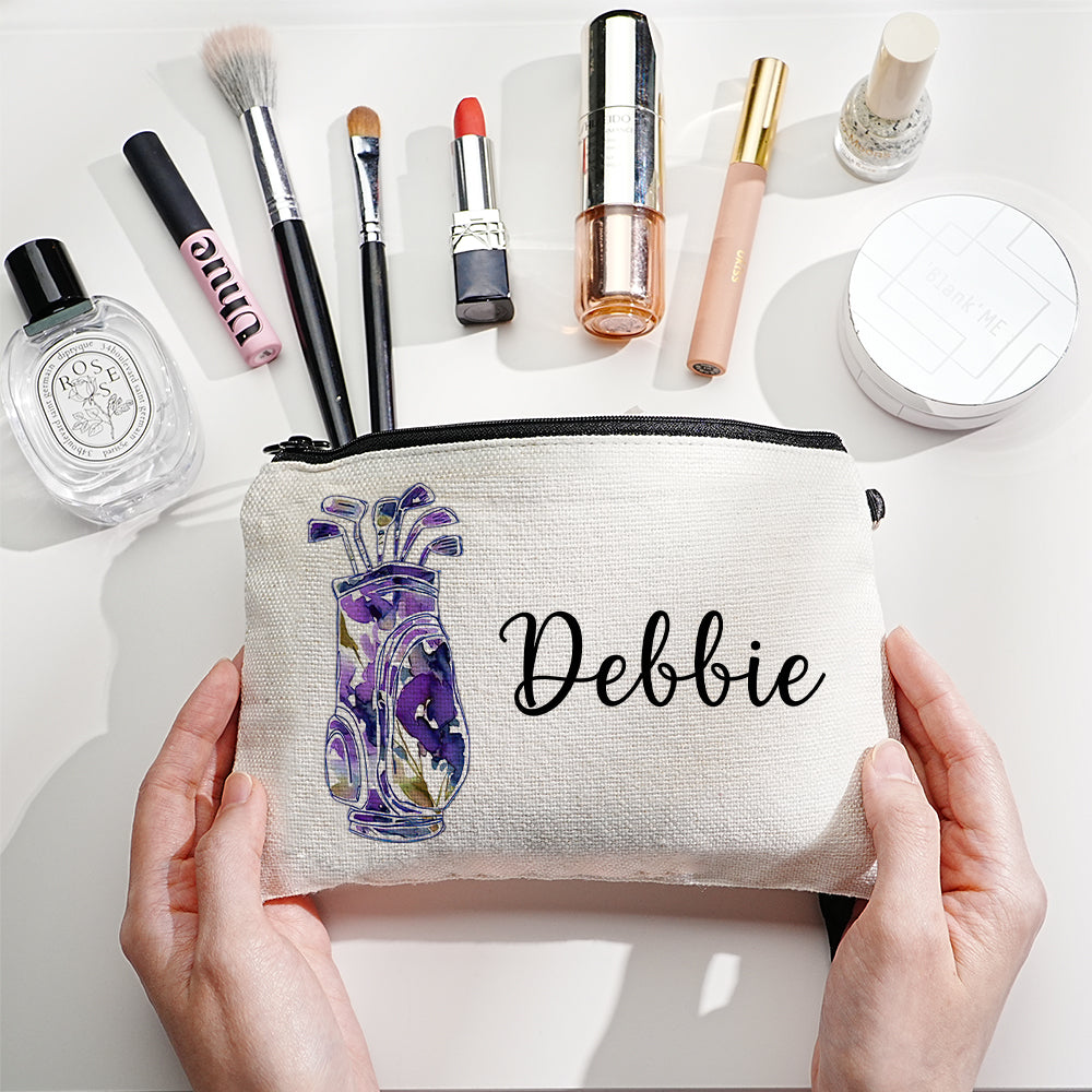 Personalised golf make-up bag front view — canvas cosmetics pouch with golf‑bag motif and custom name, ideal travel make-up bag for golfers