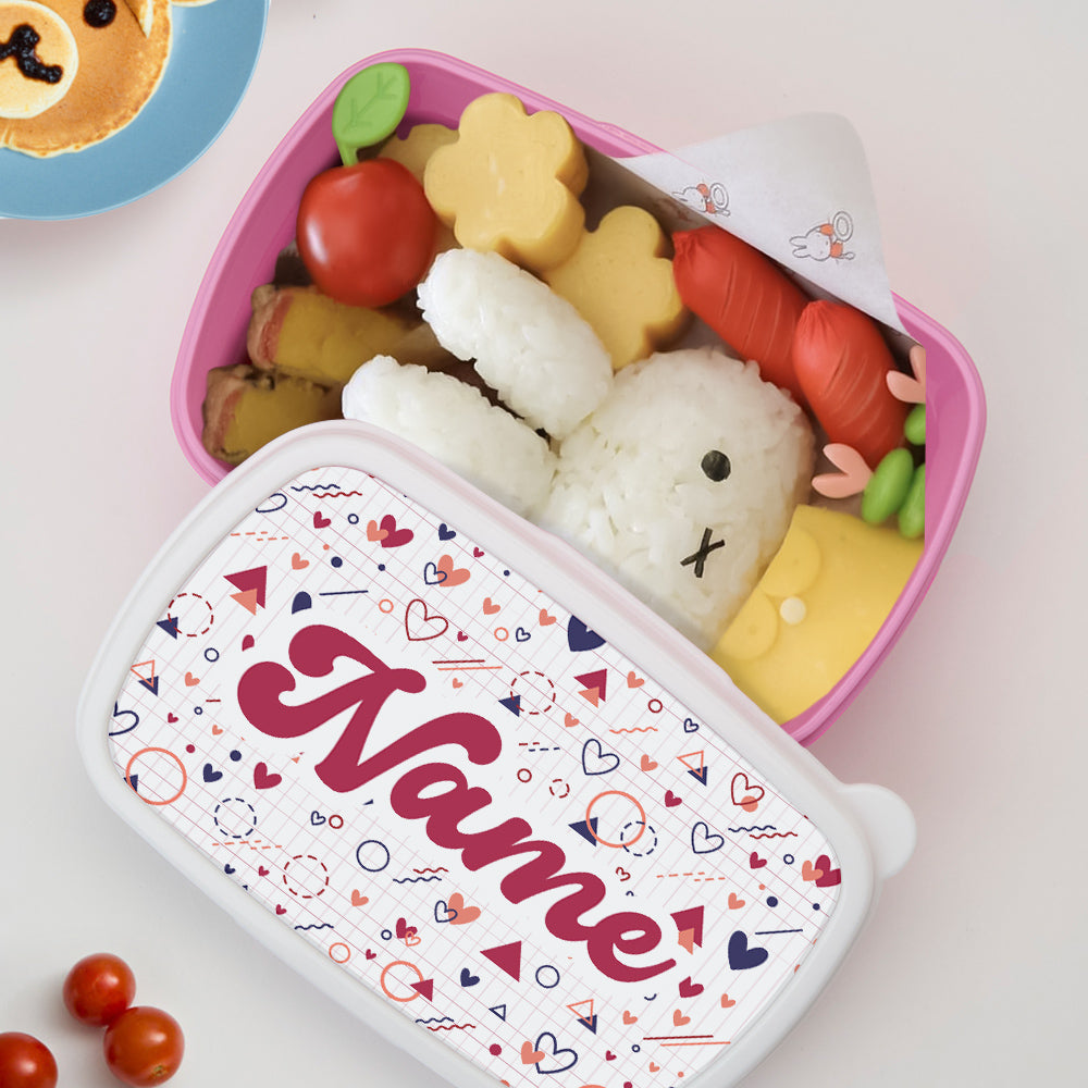 Open view of personalised lunch box showing internal compartment layout — practical plastic custom kids lunchbox for school, nursery, picnic and travel, wipe-clean
