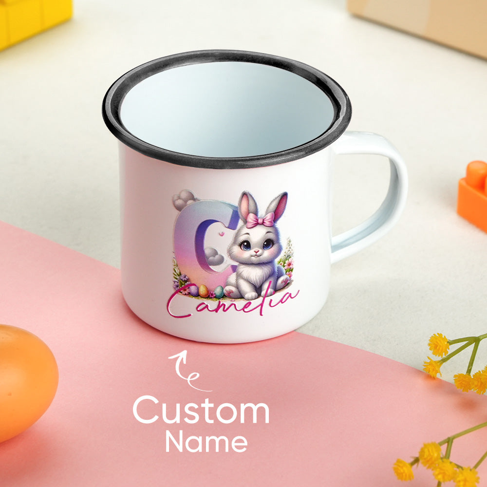 Colourful gradient initial and custom name on personalised bunny enamel mug — eye-catching personalised Easter gift for kids