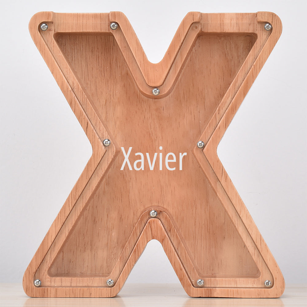 Personalised Oak Wooden Letter Money Box with Engraved Name | Handcrafted Piggy Bank