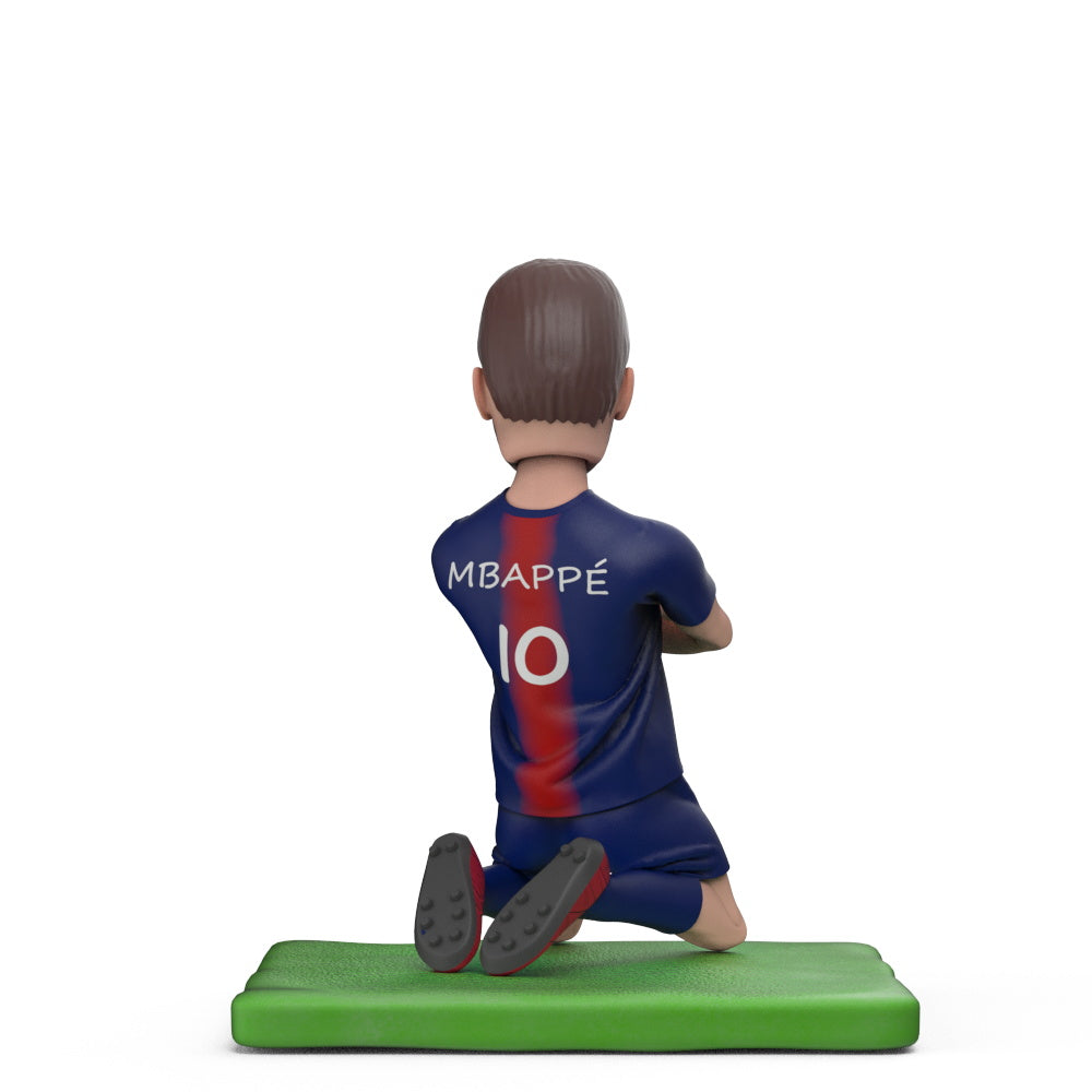 Close-up of personalised Mbappé‑inspired bobblehead head showing hairstyle and facial customisation in polymer clay — ideal personalised football gift