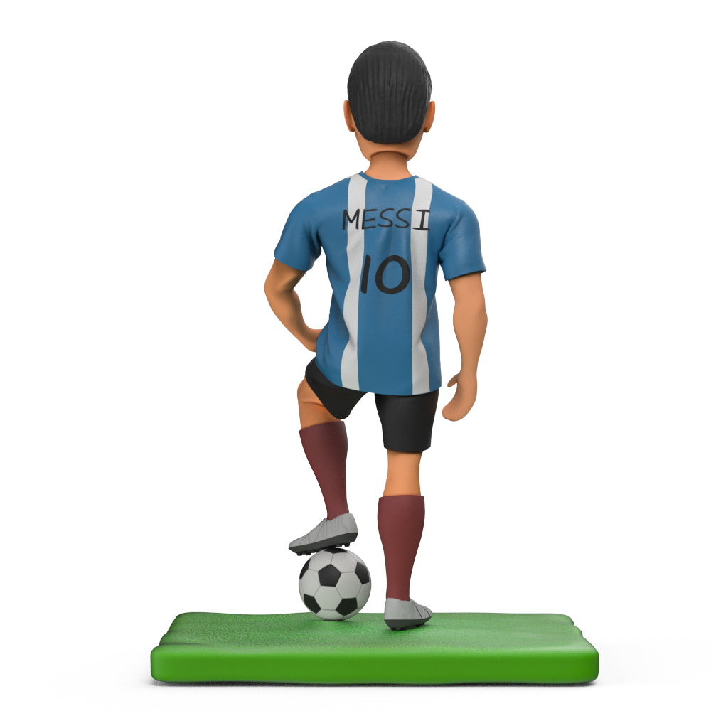 Close-up of personalised Messi bobblehead head in Argentina blue jersey — handcrafted polymer clay facial likeness customised from customer photo