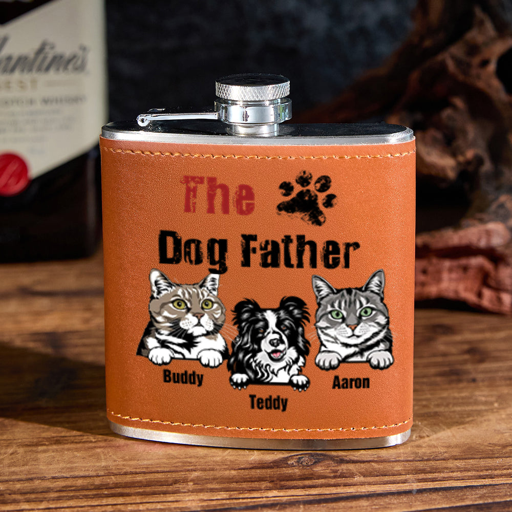 Engraved personalised leather whisky flask presented in a gift box — stylish Fathers Day or birthday engraved gift for him
