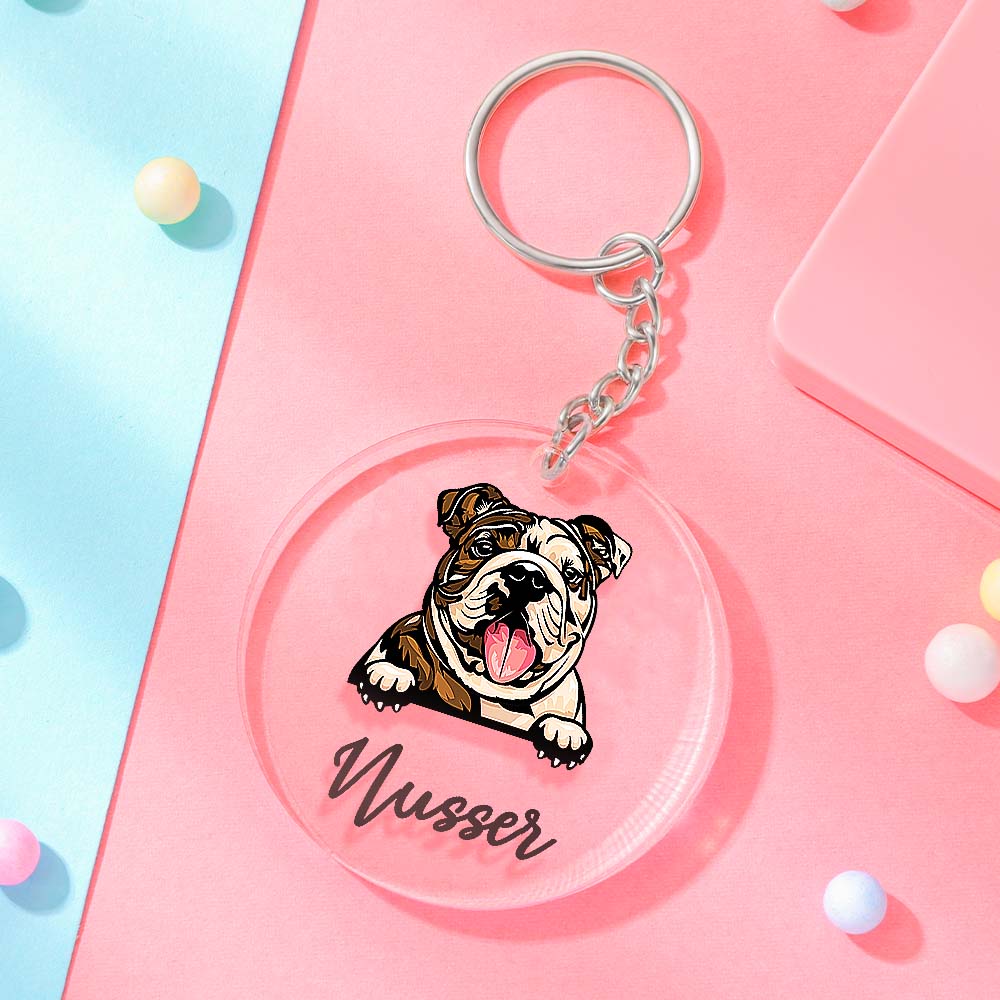 Hand holding a 5cm personalised acrylic dog keyring to show scale with colour‑fast printed cartoon dog and custom name ideal custom name keychain for dog lovers
