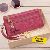 Personalised Leather Wallet with Wristlet - Custom Text Engraved Gift for Women
