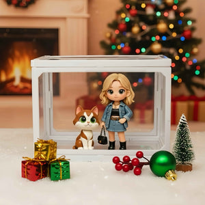 Custom 1 Person & 1 Pet 3D Mini Figure Glass Dollhouse Christmas Scene Display Case Unique Christmas Gift (Production: 10-15 Business Day)