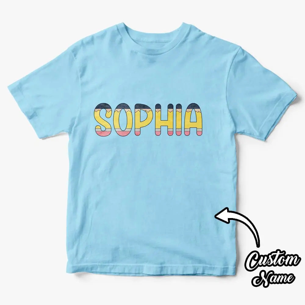 Care instructions label and machine‑wash guidance on personalised polyester school T‑shirt