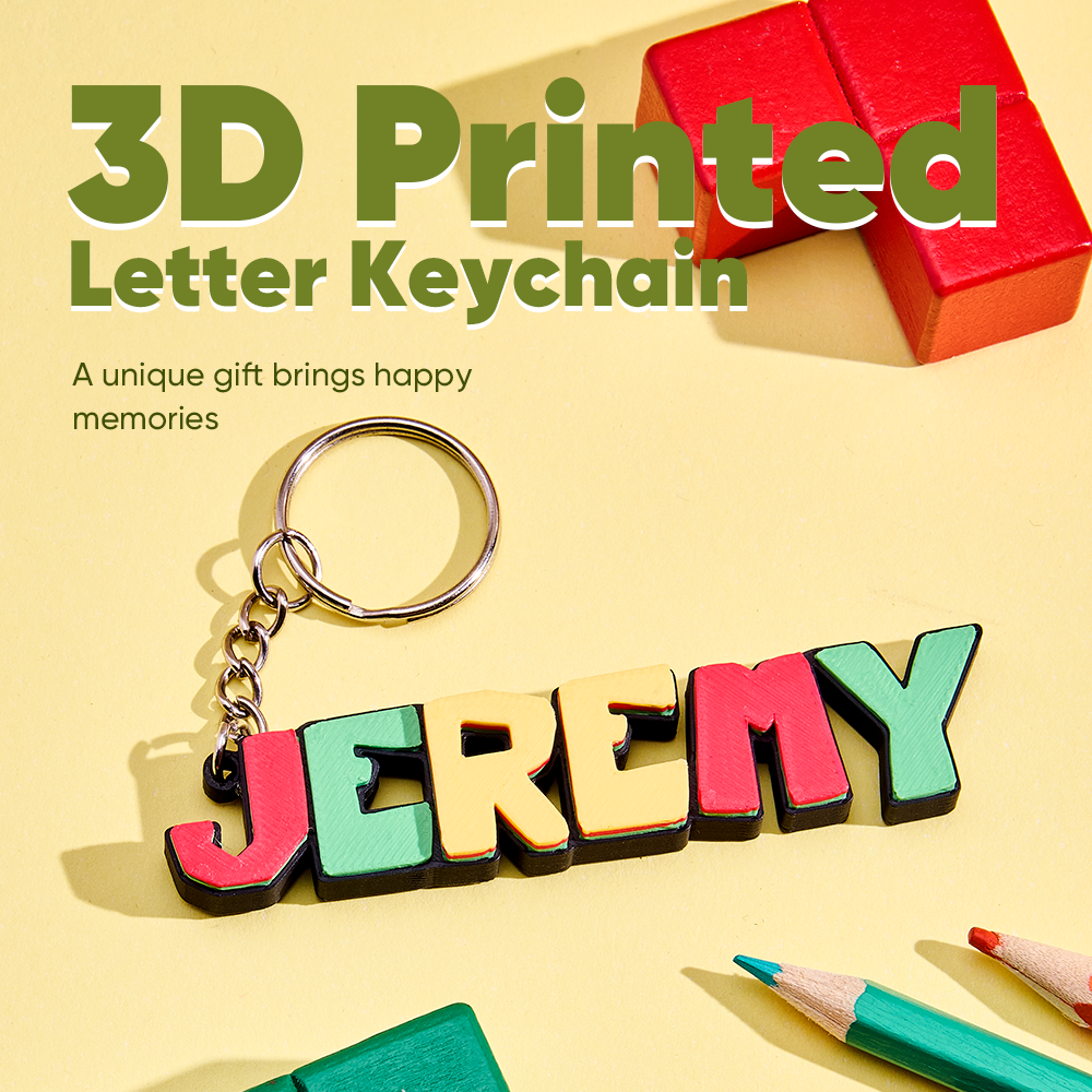 Close-up of a personalised 3D cartoon keyring highlighting detailed PLA print and decorative name plate with custom text — durable kids and teacher gift