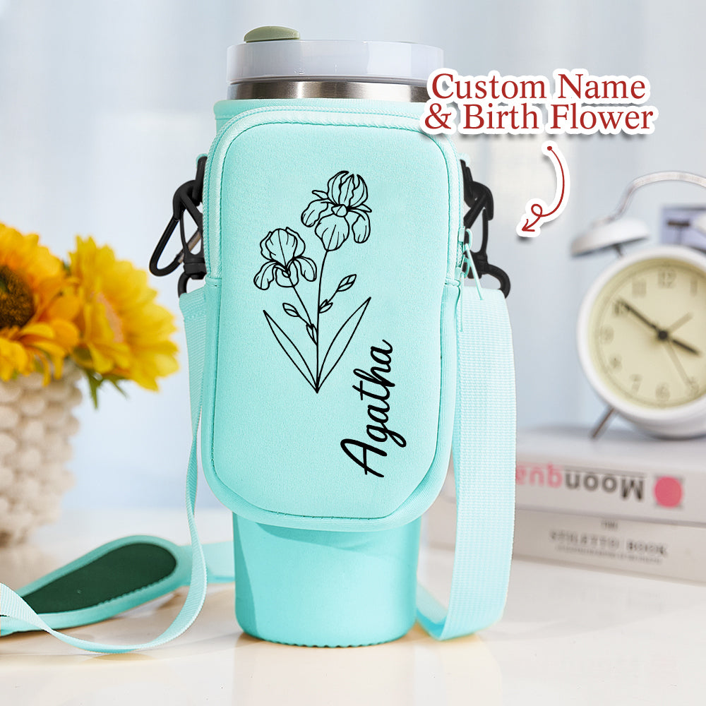 Product laid flat showing dimensions and fit for most 40oz Stanley tumblers, personalised birth flower waterproof bottle carrier