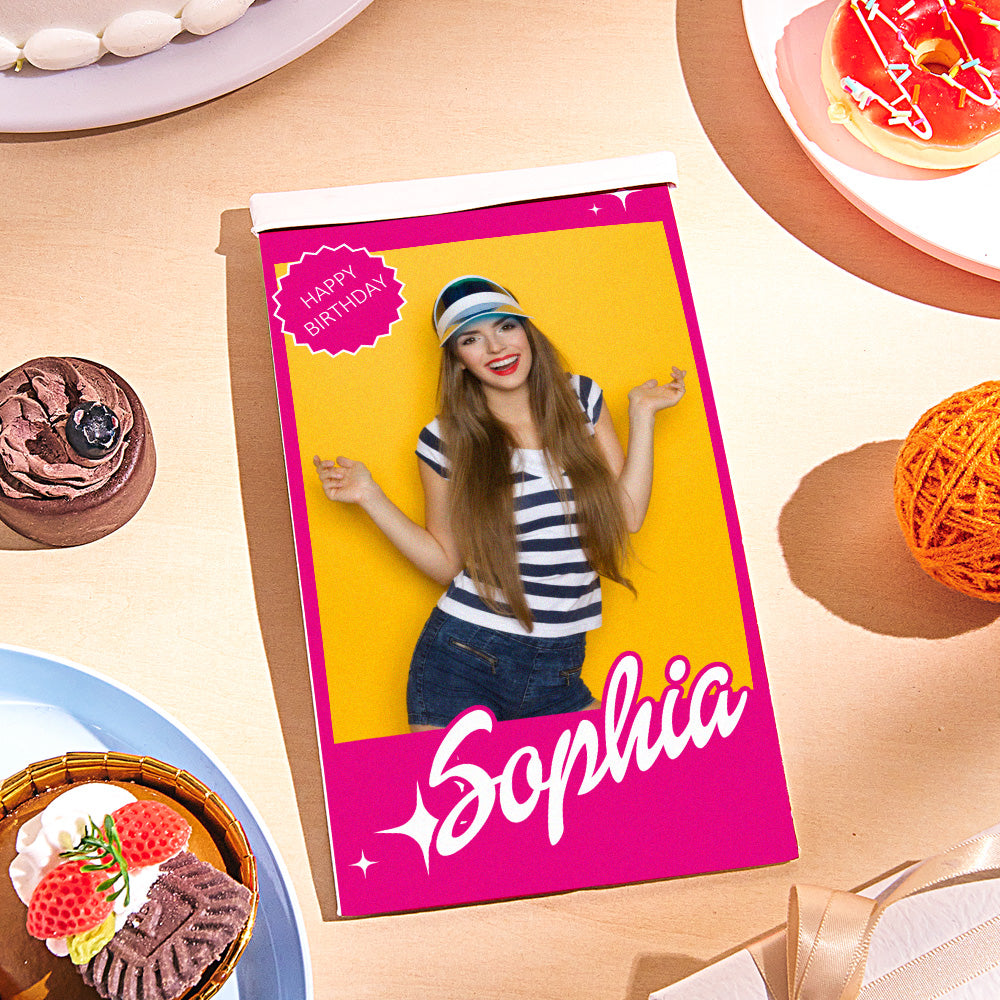 Personalised snack bag for girls displayed with party sweets – customised birthday favour featuring printed photo and bold name