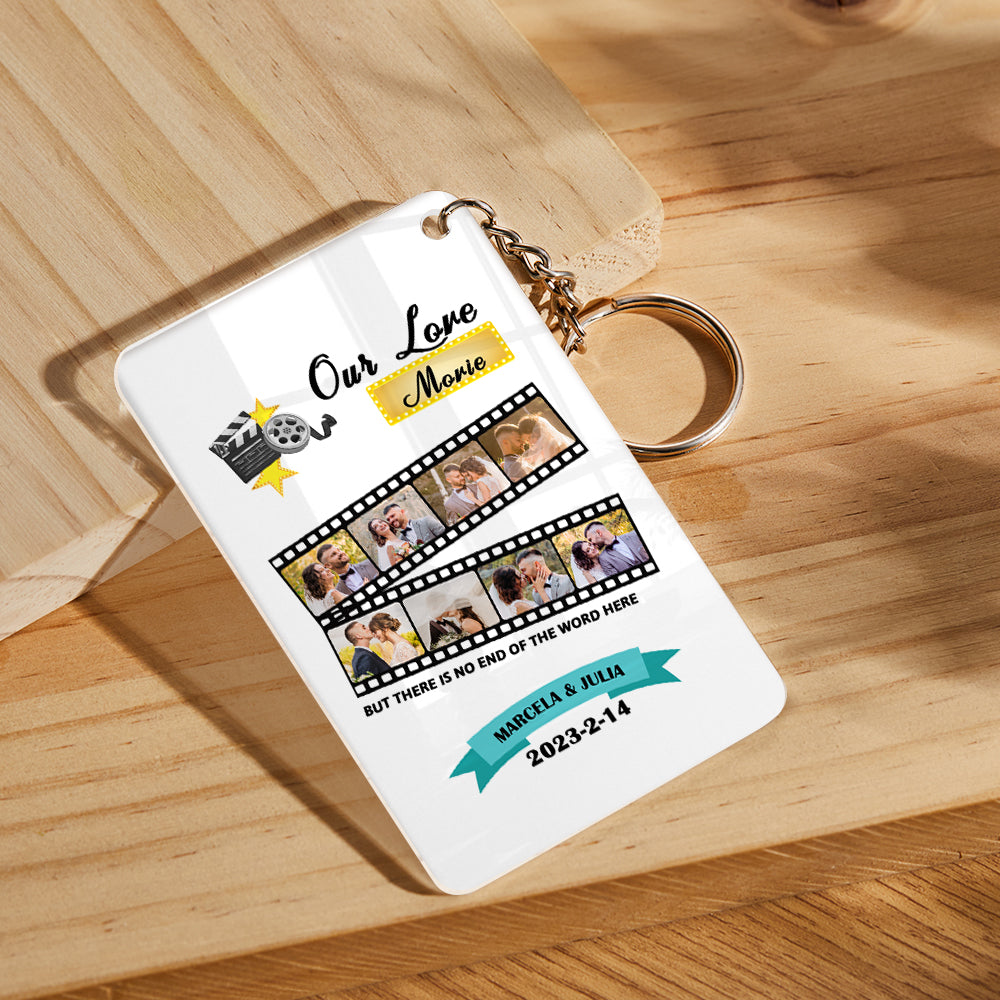 Personalised plaque keyring close up showing the roll photo mechanism and vivid printed photos ideal as a gift for her