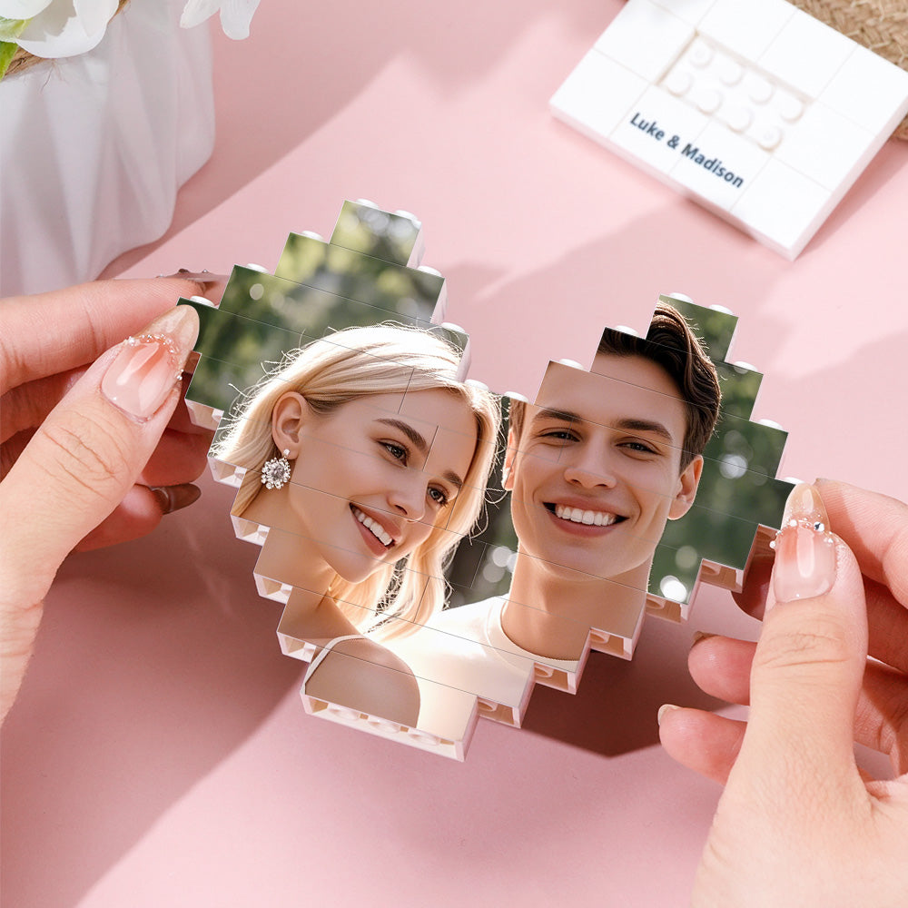 Personalised Heart Photo Building Block on stand displaying a romantic couple photo across a heart silhouette — custom brick puzzle personalised photo gift for Valentine's, anniversaries and weddings
