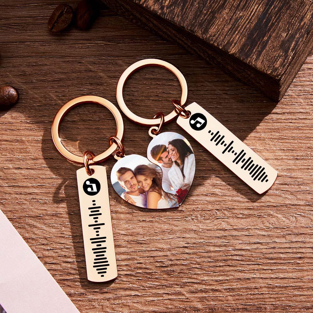 Detailed view of custom engraved name on a heart music keyring with scannable music code — personalised engraved gift for her or him