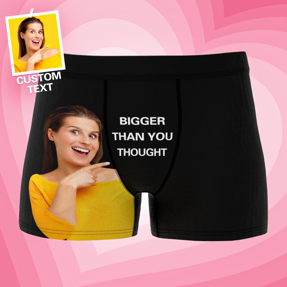 Personalised photo boxer shorts with custom text – flat front view of custom printed boxer briefs showing high‑resolution heat‑transfer photo and elastic waistband