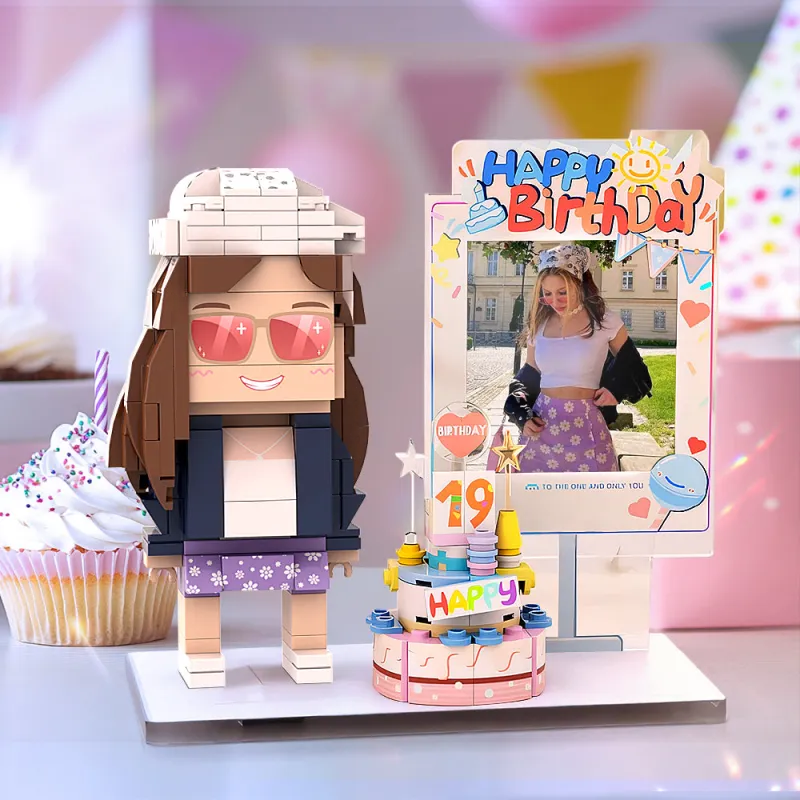Personalised full-body birthday brick figure – custom interlocking one-person block toy in full-body pose, ideal personalised photo gift or party keepsake
