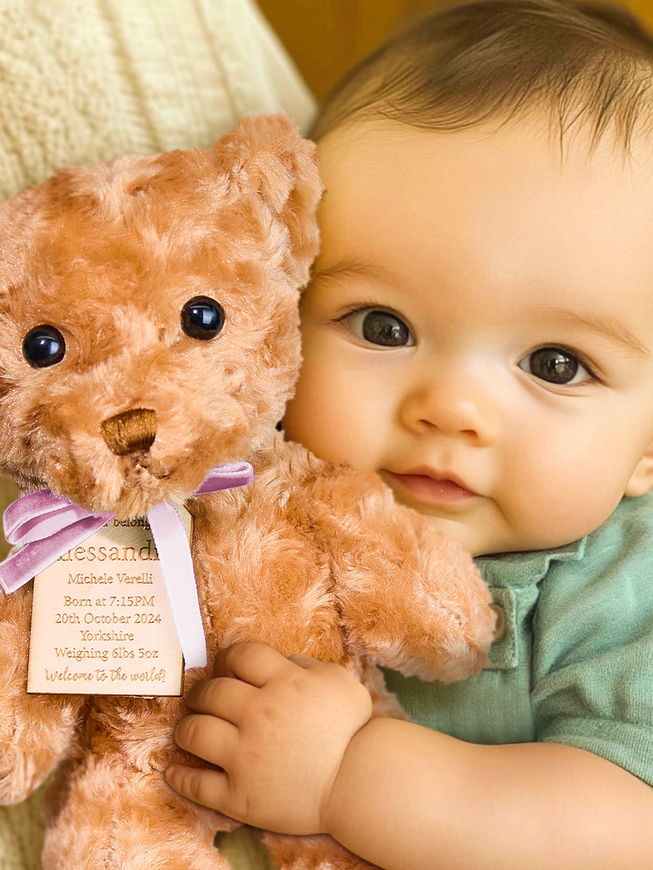 Personalised Birth Announcement Bear plush in alternate colour option with embroidered custom birth stats