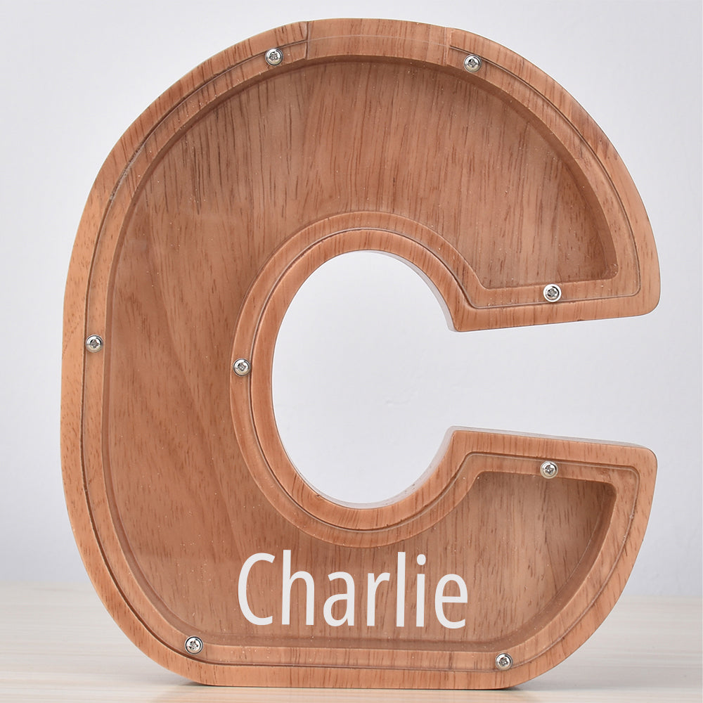 Personalised Oak Wooden Letter Money Box with Engraved Name | Handcrafted Piggy Bank