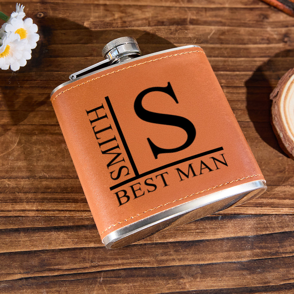 Detail of reinforced PU leather stitching and stainless steel rim on personalised 6oz whisky flask - durable, stylish gift for him